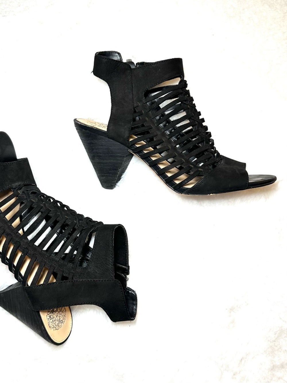 VINCE CAMUTO Ecroya Heel Sandal Size 9 Black Suede Cage Open Toe Ankle Zip Boot